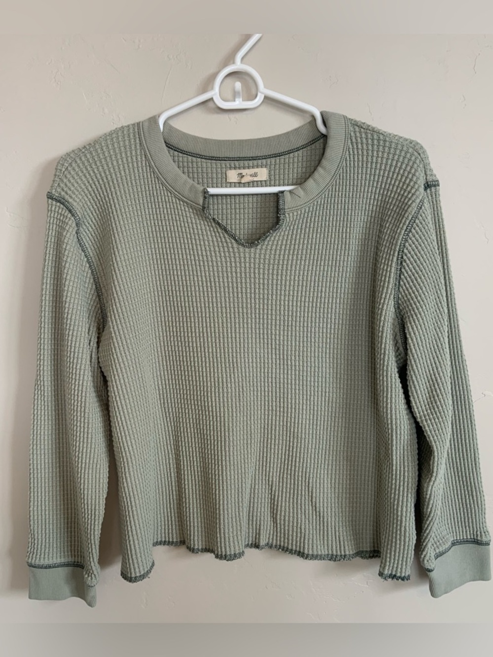 Madewell Women’s Sage Green Long Sleeve Split Neck Waffle Knit Thermal Sz M Top
